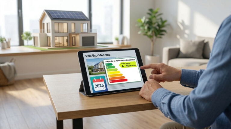 Personne consultant une tablette affichant un DPE immobilier de classe A pour une villa moderne avec panneaux solaires, contexte 2026.
