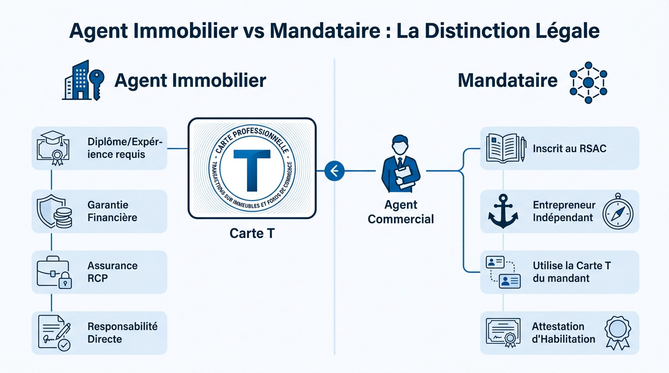 Comparaison juridique entre l'agent immobilier titulaire de la carte T et le mandataire immobilier