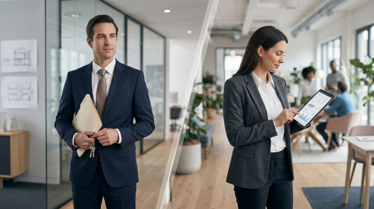 Deux professionnels immobiliers, un homme tenant des clés et une femme utilisant une tablette, symbolisant différentes approches.