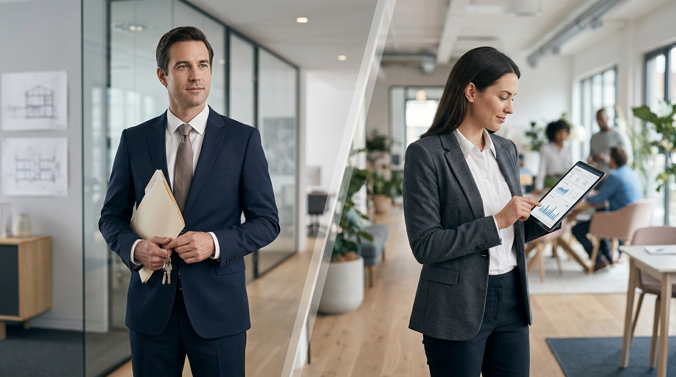 Deux professionnels immobiliers, un homme tenant des clés et une femme utilisant une tablette, symbolisant différentes approches.