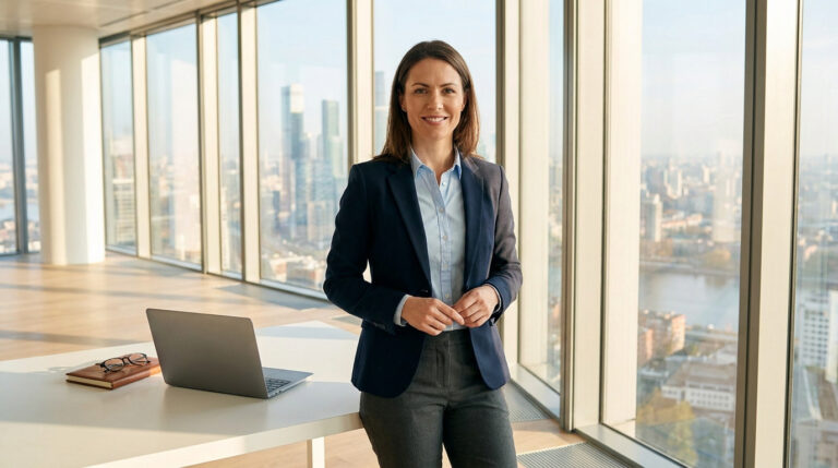 Une femme d'affaires souriante en blazer devant une baie vitrée d'un bureau moderne, avec un ordinateur portable sur la table.