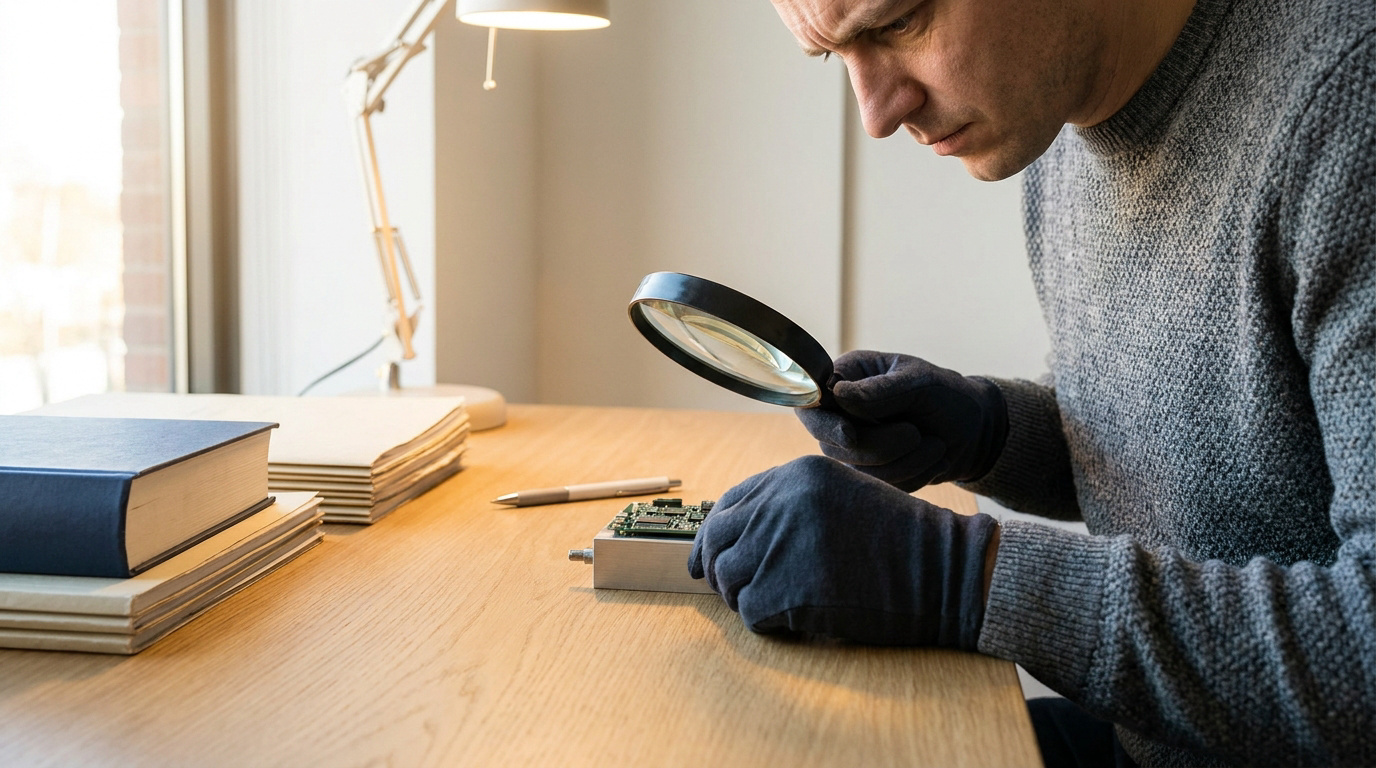 Un homme ganté examine une carte électronique avec une loupe sur un bureau en bois, près de livres, lumière naturelle.