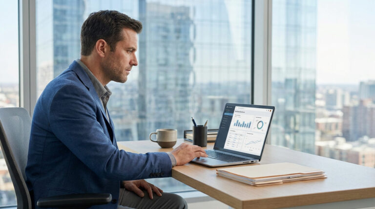 Un homme en veste bleue travaille sur un ordinateur portable affichant des graphiques dans un bureau moderne avec vue sur la ville.