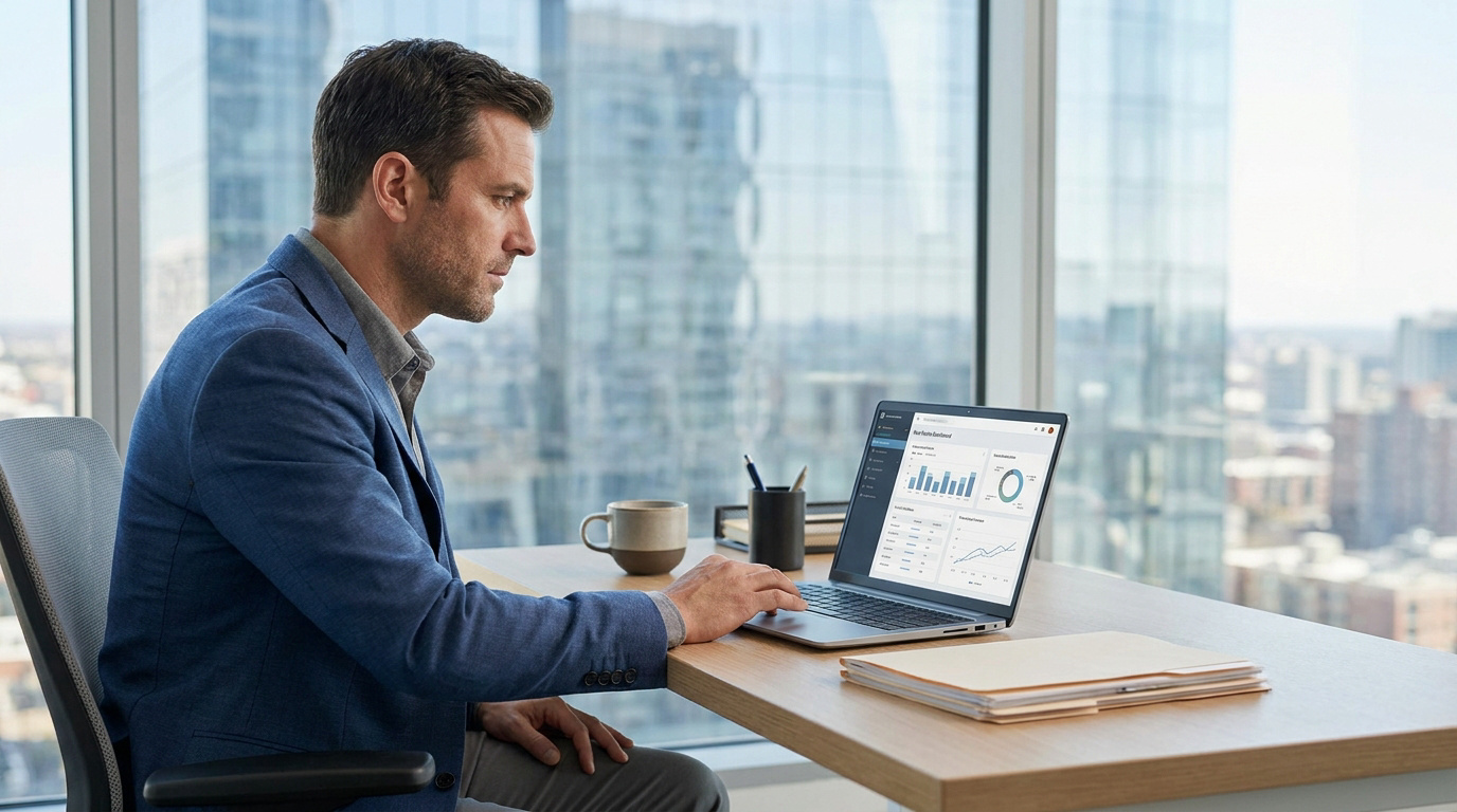 Un homme en veste bleue travaille sur un ordinateur portable affichant des graphiques dans un bureau moderne avec vue sur la ville.